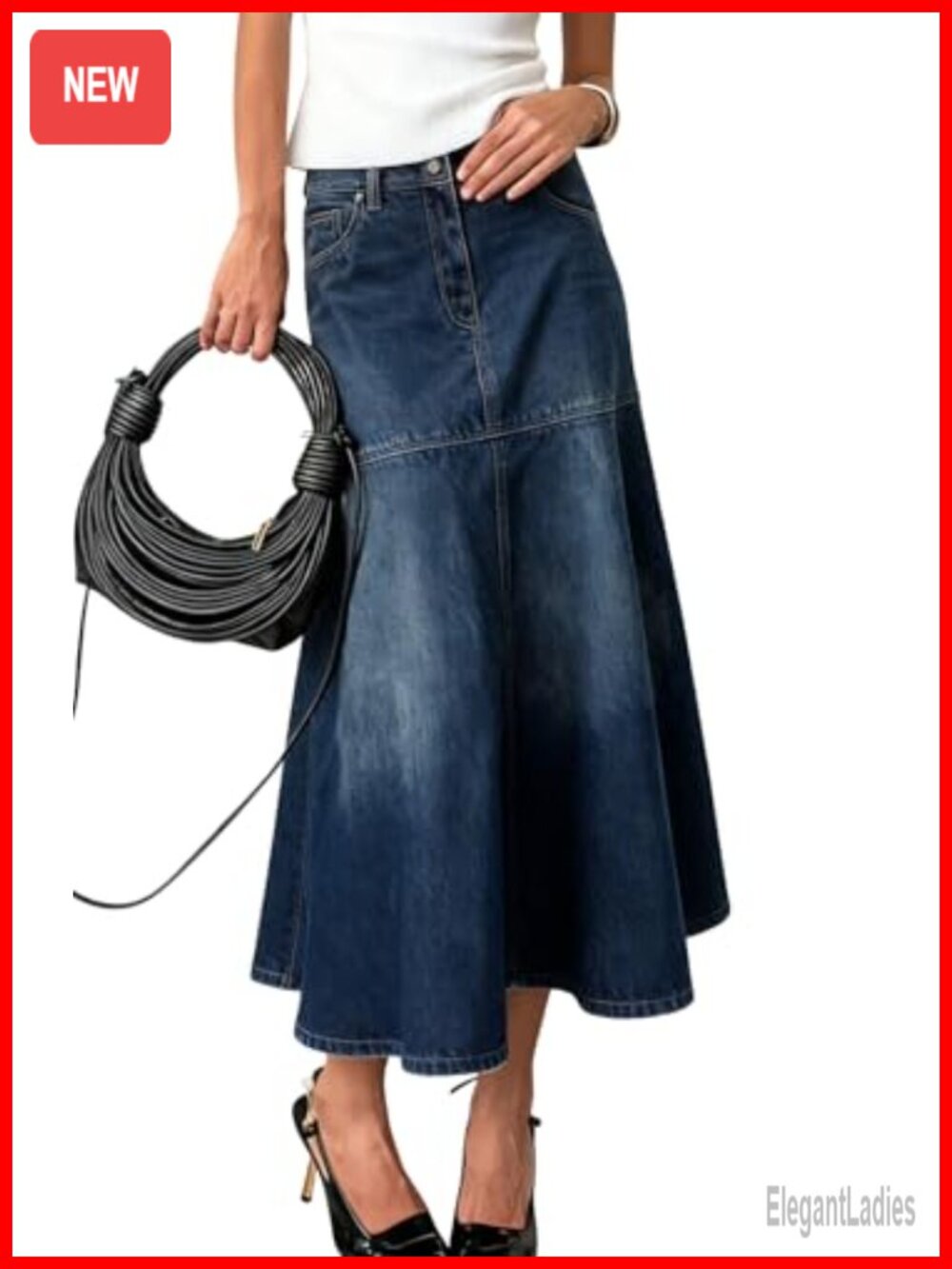 A-Line Pleated Distressed Denim Midi Skirt Fishtail High Rise
